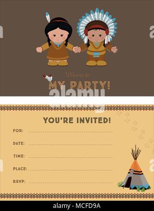 Invitation à faire la fête, carte invitation avec les Indiens américains pour les enfants. Modèle de carte invitation, avant et arrière page, vector illustration. Illustration de Vecteur