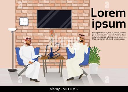 Deux hommes arabes fumeurs de narguilé Shisha Lounge Plus de Background With Copy Space Vector Illustration Illustration de Vecteur