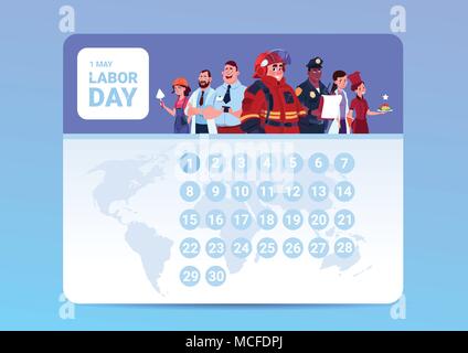 La Fête du travail le 1er mai sur le calendrier avec groupe de personnes de différentes professions Télévision Fond Vector Illustration Illustration de Vecteur