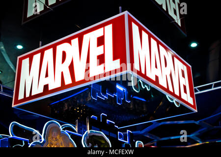 Logo Marvel dans Hamleys magasin. Marvel Comics Group est un éditeur de comic books américains et des média Banque D'Images