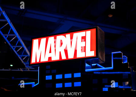 Logo Marvel dans Hamleys magasin. Marvel Comics Group est un éditeur de comic books américains et des média Banque D'Images