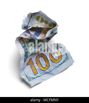Crumpled Hundred Dollar Bill isolé sur un fond blanc. Banque D'Images