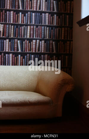 Une chambre avec un mur tapissés de livres à regarder de plus en plus pointues de Portsmouth, Hampshire, Royaume-Uni. Banque D'Images