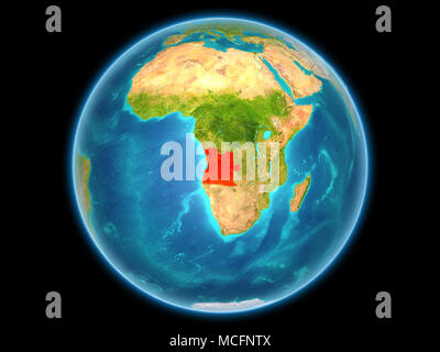L'Angola en rouge sur la planète Terre vue de l'espace sur la sphère complète. 3D illustration. Éléments de cette image fournie par la NASA. Banque D'Images