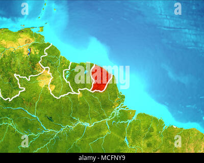 La Guyane a souligné en rouge à partir de l'orbite de la Terre. 3D illustration. Éléments de cette image fournie par la NASA. Banque D'Images
