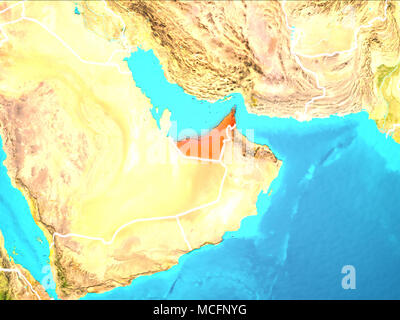 Emirats Arabes Unis a souligné en rouge à partir de l'orbite de la Terre. 3D illustration. Éléments de cette image fournie par la NASA. Banque D'Images