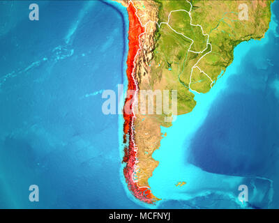 Le Chili a souligné en rouge à partir de l'orbite de la Terre. 3D illustration. Éléments de cette image fournie par la NASA. Banque D'Images