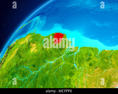 Vue de l'orbite de la Guyane française en rouge sur la planète Terre. 3D illustration. Éléments de cette image fournie par la NASA. Banque D'Images