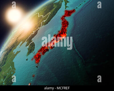 Le Japon pendant le coucher du soleil en rouge sur la planète Terre avec des frontières du pays. 3D illustration. Éléments de cette image fournie par la NASA. Banque D'Images