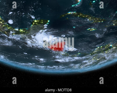 Nicaragua la nuit surligné en rouge sur la planète Terre avec des nuages. 3D illustration. Éléments de cette image fournie par la NASA. Banque D'Images