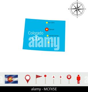 Colorado Carte vectorielle isolé sur fond blanc. Silhouette de la Colorado State. Drapeau vecteur du Colorado. Les marqueurs de carte 3D ou les pointeurs, la navigation Elemen Illustration de Vecteur