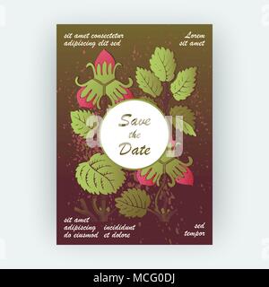 Les modèles de conception de modèle de fraise produit. Fruits rouges à la main. Trendy fleur mignon fond sombre verdure bush. Illustration graphique, en mariage Illustration de Vecteur