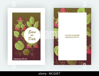 Les modèles de conception de modèle de fraise produit. Fruits rouges à la main. Trendy fleur mignon fond sombre verdure bush. Illustration graphique, en mariage Illustration de Vecteur