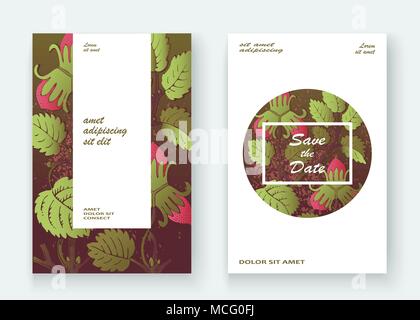 Les modèles de conception de modèle de fraise produit. Fruits rouges à la main. Trendy fleur mignon fond sombre verdure bush. Illustration graphique, en mariage Illustration de Vecteur