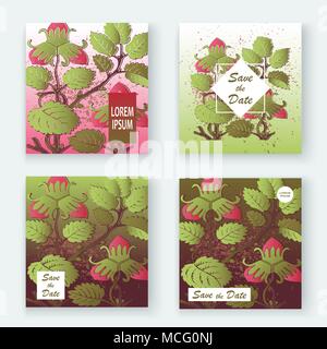 Les modèles de conception de modèle de fraise produit. Fruits rouges à la main. Trendy fleur mignon fond sombre verdure bush. Illustration graphique, en mariage Illustration de Vecteur