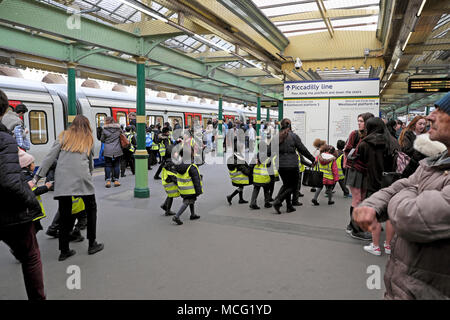 Un groupe d'écoliers en vestes fluorescentes jaunes est dirigé Par des enseignants pour prendre le train sur la ligne de métro Piccadilly de Londres R.-U. KATHY DEWITT Banque D'Images