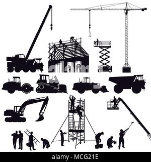 Grue excavatrice et chargeur sur roues, sur le site de construction Illustration de Vecteur