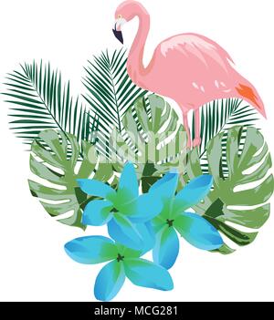 Vector illustration d'un flamant rose avec des fleurs tropicales et des feuilles Illustration de Vecteur