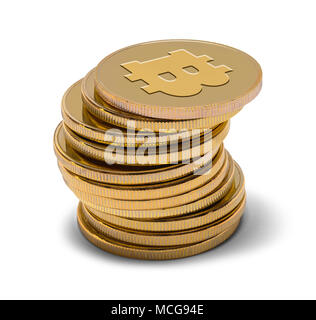 Pile de Bitcoins or isolé sur un fond blanc. Banque D'Images