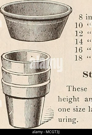. Lily ronde des casseroles. Chaque profondeur. diam 4 in. 5 " 6 " 7 " 8 " 20 cts. 25 " 300 " . 35 .40 .50 " " " douzaine. 2,00 $ 2,50 3,00 3,50 4,00 5,00 Les Pots de fleurs. Ces pots sont tout à l'intérieur de la mesure, de la hauteur et de la largeur, ce qui les rend au moins une taille plus grande que par l'ancienne façon de ame-  g ?" Au cours. Tailles. Douzaine. 100. 1000. Tailles. Douzaine. 100. Si dans. .$ .08.. .$0,50. .$4006 dans... .. .$ .56. .. ...$3.75 2 " . .09.. .55.. 4,507 " ... ... .81... .. 5,60 2} » . .10 . .60. 5,008 " ... 1.17... ... 7,80 2i " . .11.. .70. 5,759 Banque D'Images