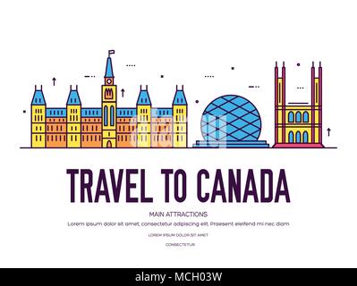 Pays Canada travel vacation de place et fonction. Ensemble de l'architecture, élément, nature background concept. Télévision ethnique traditionnelle infographique, contours, l'icône de la ligne mince Illustration de Vecteur