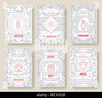 Joyeux Noël ligne mince brochure vector set. cartes naissance du Christ modèle de flyear, magazines, affiches, bannières, couverture de livre. Éléments de mise en page illustrations Aperçu pages modernes Illustration de Vecteur