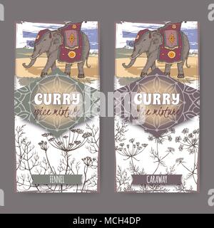 Ensemble de deux étiquettes avec le fenouil, le carvi et l'éléphant indien couleur croquis dessinés à la main. Mélange d'épices Curry collection. Grand pour la cuisine, jardinage desig Illustration de Vecteur