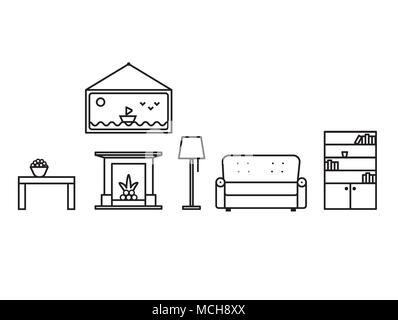Les objets de l'intérieur de la salle de séjour dans le style d'art de la ligne. Dans la chambre il y a une table, un canapé, une bibliothèque, une photo, une cheminée, une lampe de plancher. Contours Banque D'Images