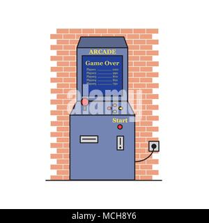 Jeu d'arcade rétro machine, près du mur de briques et connecté à une prise murale. Une table avec scores s'affiche sur l'écran Banque D'Images
