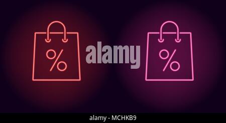 Sac shopping en néon rouge et rose. Vector illustration de panier avec pour cent composé de néon donne un aperçu, avec rétro-éclairage de l'arrière sombre Illustration de Vecteur
