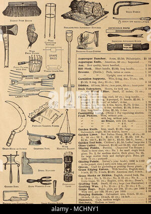 . Gants de jardin et de taille bordure herbe Asperges Knifk-ramasseur. Acme, $3.50 ; Philadelphia..".$3 Asperges Couteau. Cuisine américaine, 60 cts. ; amélioration des... Ax. Meilleure qualité, les traités 2 Bill Hook. Manche court, 2,50 $ ; une longue poignée 3 manches. (D.) Pousser, rotin ou de cacao 1 » » la verticale, maïs ou en rotin 1 sportifs prend en charge. Sur le fil, 2 anneau, douz., 75 cts. ; 100, 5,50 $ ; 3 anneau, douz., 85 cts. ; 1006 Dibbles. Tout le fer, 50 cts. ; fer à repasser point, 60 cts. ; laiton extracteurs Dock point, lourds, à l'emploi sur le 3 " ou de mauvaises herbes. Petit, 17 pouces, 75 cts. ; grand, 25 pouces de fourches. Le désherbage manuel, l'acier, Banque D'Images