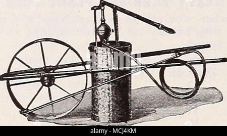 . Nettement un "homme-machine". Tuyau flexible et de décharge sont de longueur suffisante pour vaporiser les jeunes ou faible taille des arbres fruitiers. La roue est de 24 pouces de diamètre, et a une bande de roulement de 3 pouces de diamètre, résultant en une machine de pulvérisation transportable qui peut être déplacé sur avec le moins d'efforts, même grossières, d'un terrain labouré offrant pas un grand obstacle. Pompe a lj pouces brass tube cylindre avec piston en laiton ; course réglable, robinets et sièges de soupapes. Le réservoir contient 10 litres et est détachable du support. Le réservoir est réalisé en laiton ou gal- vanized le fer. Dix pieds de f-pouce avec flexible de décharge Banque D'Images