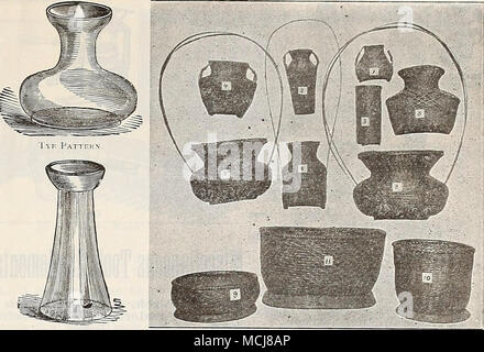 . Grand, ou belge. Bols en verre Lily. Belle imitation verre taillé. 6 in. de tenir 1 ampoule, 20 cts. chaque. 7. pour " 2 " 25 cts. " ! 8 in. à " 3 " 30 cts. " Lily bols, 5 cts. par qt. Bambou japonais japonais paniers de fleurs paniers de fleurs. Ces sont merveilleusement réalisés dans des conceptions complexes de bambou acajou foncé tachés, et sont ce qui est utilisé par les artistes japonais à organiser les fleurs coupées. Fourni avec des tubes de bambou pour retenir l'eau. (Voir coupes.) n° 1, 50 cts. ; No 2, 1,25 ; n° 3, paragraphe 1.00 ; n° 4, 1,25 ; n° 5, 1,50 $ ; No 6, 1,50 $ ; n° 7, 2 $ ; n° 8, 2,50 $. N° 9- droit sui Banque D'Images
