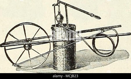 . Un distinctement "one-man" machine flexible et tuyau de décharge sont de longueur suffisante pour vaporiser les jeunes ou faible taille des arbres fruitiers. La roue est de 24 pouces de diamètre, et a une bande de roulement de 3 pouces de diamètre, résultant en une machine de pulvérisation transportable qui peut être déplacé sur avec le moins d'efforts, même grossières, d'un terrain labouré n'offrant aucun obstacle pompe a l§ pouces brass tube cylindre avec piston en laiton ; course réglable, robinets et sièges de soupapes. Le réservoir contient 10 litres et est détachable du support. Le réservoir est réalisé en laiton ou gal- vanized le fer. Dix pieds de f-pouce avec & flexible de décharge Banque D'Images