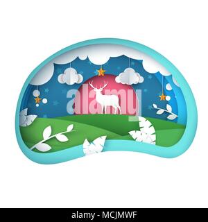Papier dessin animé paysage. Illustration de cerfs. Illustration de Vecteur