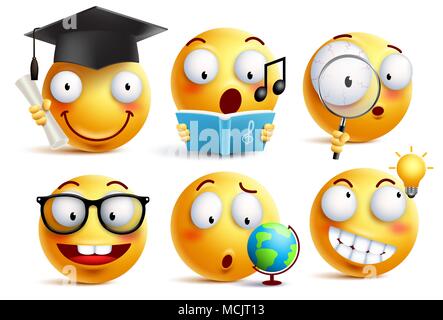 Étudiant de smiley émoticônes vecteur défini avec des expressions faciales et d'étudier les activités scolaires isolés en fond blanc. Retour à l'école vector Illustration de Vecteur