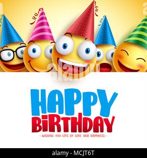 Joyeux anniversaire smileys vector design fond jaune avec des émoticônes et drôle et heureux anniversaire texte d'accueil dans l'arrière-plan blanc. Vector Illustration de Vecteur