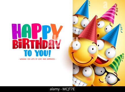 Smileys vector design avec message d'anniversaire drôle et heureux des émoticônes jaune portant des chapeaux de fête colorés et joyeux anniversaire à texte vide blanc Illustration de Vecteur