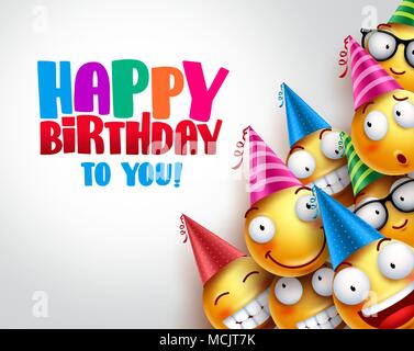 Anniversaire smileys vector background design avec drôle jaune et heureux des émoticônes portant des chapeaux de fête colorés et joyeux anniversaire texte en blanc vide Illustration de Vecteur
