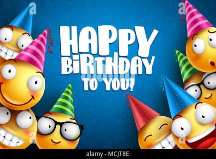 Smileys anniversaire salutations vecteur conception d'arrière-plan. Émoticônes ou smileys jaunes avec drôle et heureux d'expressions du visage portant des chapeaux de fête colorés Illustration de Vecteur