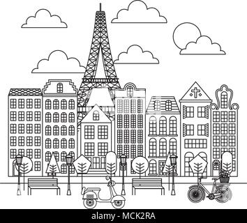 La ville de paris avec la tour eiffel et scène scooter Illustration de Vecteur