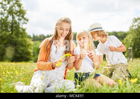 La mère et l'enfant sont la cueillette des fleurs ensemble sur une prairie d'été Banque D'Images