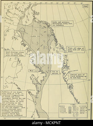 . Accumulation de glace début au sud de 73°N ; ac- fragmentation de lec- ture avec accélération matérielle et champs de glaces tout au long de la baie de Baffin et le détroit de Davis ; glace rapide laissant rives dans le sud et de rétrécissement dans le nord et l'ouest, dirige et polynyasincreasing en taille et en nombre, paquet le long de la côte du Groenland et rupture receeding limite limite vers l'ouest ; l'eau libre du nord vers le sud en mouvement Figure 7 24 Banque D'Images