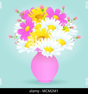 Bouquet de fleurs dans le vase, dessin vectoriel. Bourgeons meadow lumineux jaune et blanc camomille et fleur rose en rose pastel vase isolé sur Illustration de Vecteur