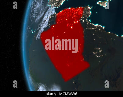 Nuit plan de l'Algérie vu de l'espace sur la planète Terre. 3D illustration. Éléments de cette image fournie par la NASA. Banque D'Images