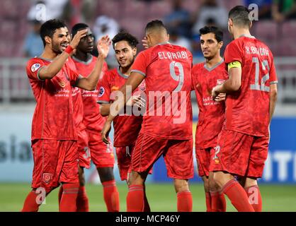 Doha, Qatar. Apr 17, 2018. Abdelrahman Fahmi de Al Duhail SC célèbre après avoir marqué le premier but contre les ÉMIRATS ARABES UNIS Al Wahda CCSF au cours de l'AFC Champions League Groupe B match de football entre le Qatar's AL Duhail SC et Al Wahda des EAU CCSF à Abdullah bin Khalifa Stadium de Doha, Qatar, le 17 avril 2018. Al Duhail a gagné 1-0. Credit : Nikku/Xinhua/Alamy Live News Banque D'Images