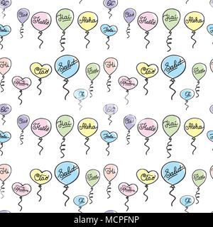 Modèle sans couture bonjour dans différentes langues, doodle ballons, stock vector illustration Illustration de Vecteur