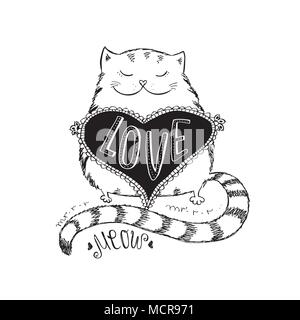 Chat mignon avec amour coeur , lettrage à la main vêtements T-shirt design, illustration vectorielle stock Illustration de Vecteur