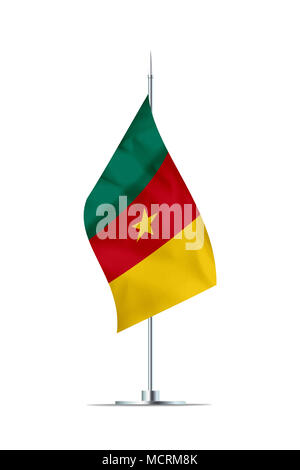 Petit drapeau Cameroun sur un poteau de métal. Le drapeau a joliment texture textile détaillées. Isolé sur fond blanc. Le rendu 3D. Banque D'Images