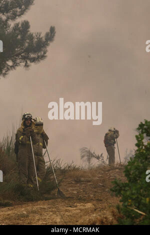 Maceda, Galice / Espagne - Oct 16 2017 : Pompiers en feu de forêt. Banque D'Images